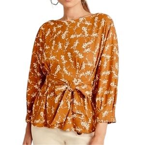Anthropologie Amber Dolman Blouse Size Large Floral Tie-Front Blouse Peplum